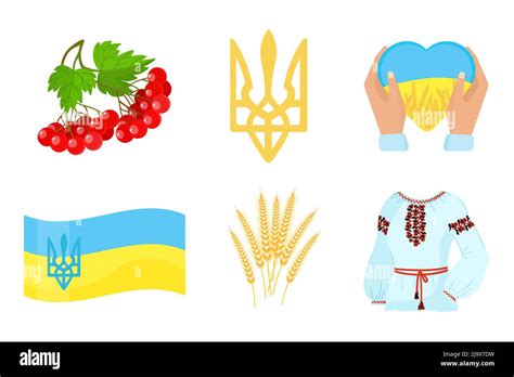 Set Ukrainian symbols. Tryzub, vyshyvanka, viburnum, arms with heart ...