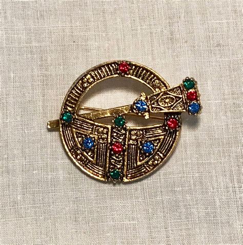 Scottish Sash Style Brooch Or Pin With Rhinestones In Gold Etsy