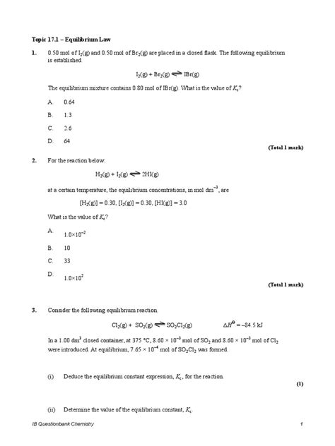 Topic 17 1 Equilibrium Exam Questions Chemical Equilibrium Chemistry