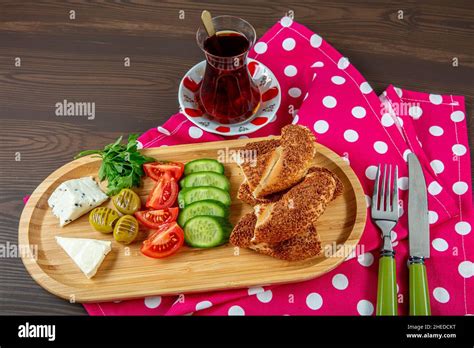 Turkish Breakfast With Simit Cheese Cherry Tomato Cucumber Black