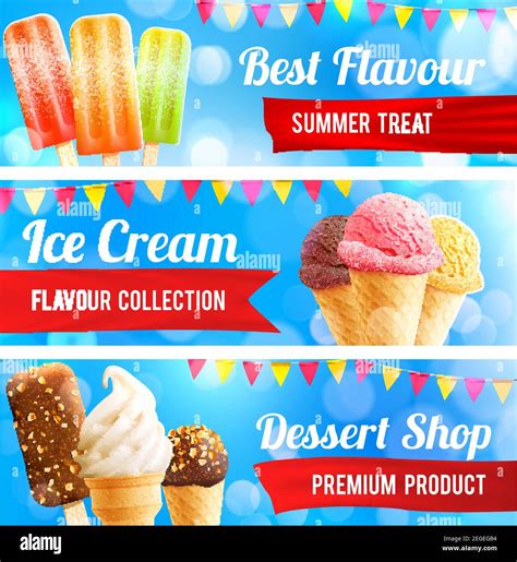 Ice Cream 3d Summer Dessert Banner Set Chocolate Covered And Vanilla