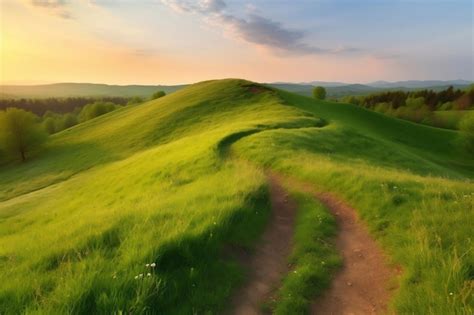 A Picturesque Winding Path Through A Field With Green Grass Ai Generated Illustration Premium