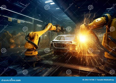 Automated Robotic Arms Line Welding Assembly Car Working At Futuristic