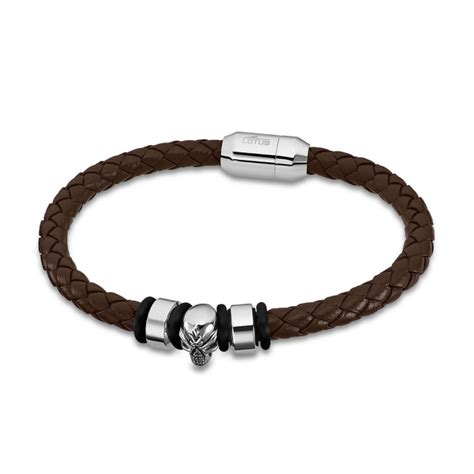 Bracciale Uomo In Acciaio Inossidabile E Pelle Con Teschio Marrone