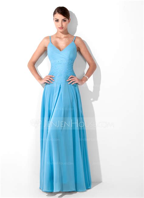 A Lineprincess V Neck Floor Length Chiffon Bridesmaid Dress With Ruffle Beading 007001100