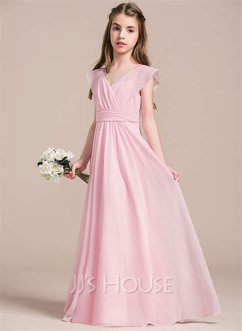 A Lineprincess V Neck Floor Length Chiffon Junior Bridesmaid Dress