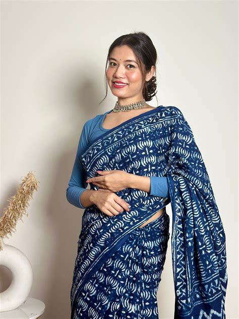 Indigo Lotus Handblock Dabu In Natural Dyes Cotton Mulmul Saree