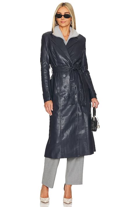 Bardot Vegan Leather Trench Coat In Navy Revolve