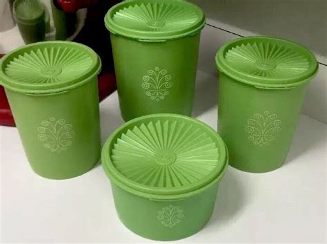 Vintage Tupperware Piece Canister Set Green Scroll With Scooper