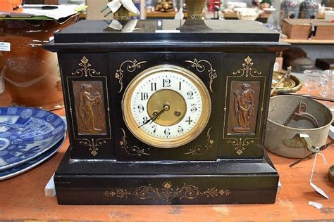 Antique Black Slate Mantel Clock Key Included Clocks Marble