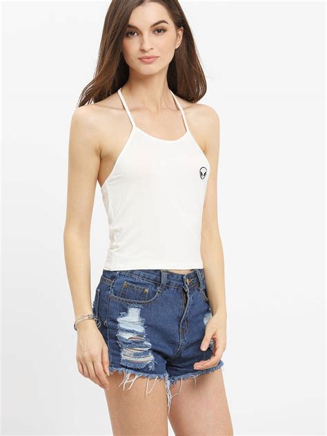 White Halter Embroidered Tank Top Sheinsheinside