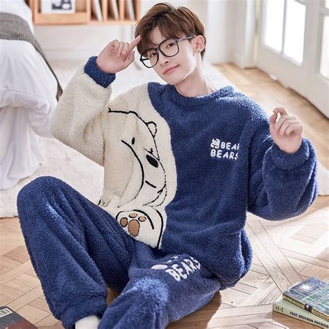 Winter Korean Men Pajamas Sets Adult Sleepwear Home Clothes Thicken