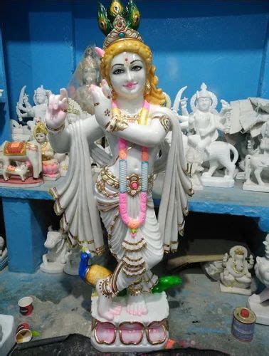 Painted Hindu White Krishan Ji Marble Murti For Temple Size 2ft At