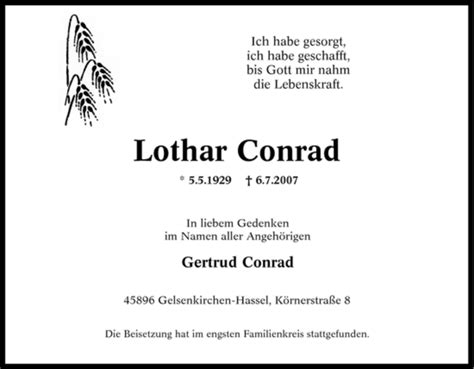 Traueranzeigen Von Lothar Conrad Trauer In Nrw De