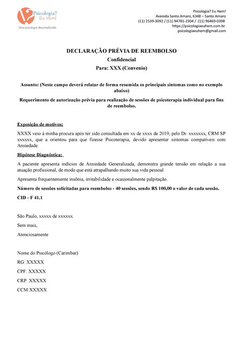 Modelo De Previa De Reembolso Psicologia Eu Hem Avenida Santo Amaro