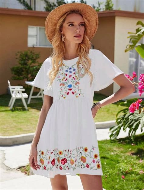 Plants Embroidered Butterfly Sleeve Smock Dress White CB Shop USA