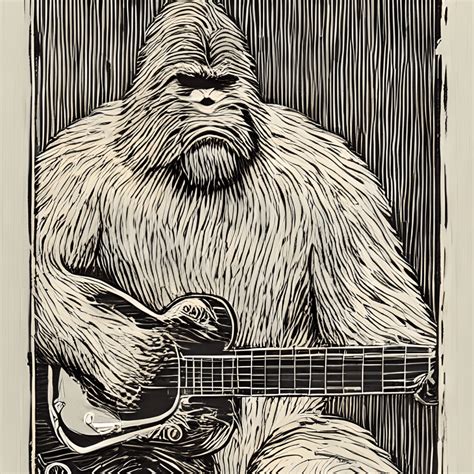 Woodcut Portrait Of Bigfoot Yeti Playing Guitar Falling Into Stars By