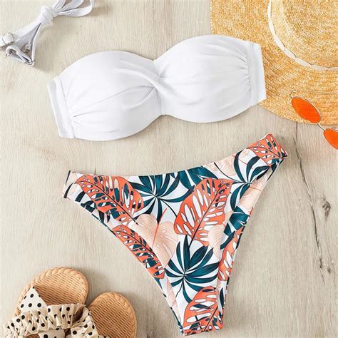 Womens Tropical Print Bikini Set With White Top On Luulla