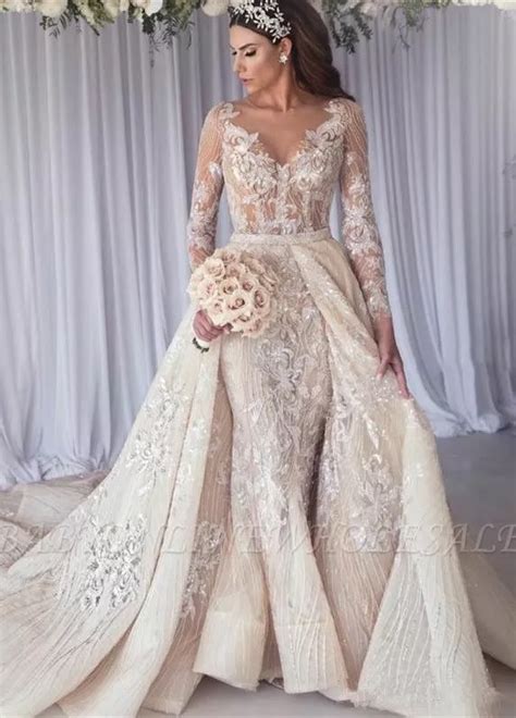 Robe De Mariée Sexy à Manches Longues En Dentelle Sirène Overskirt