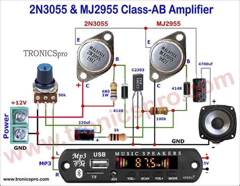 2N3055 MJ2955 Class-AB Amplifier Circuit Diagram