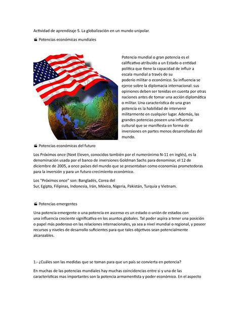 Actividad De Aprendizaje La Globalizaci N En Un Mundo Unipolar