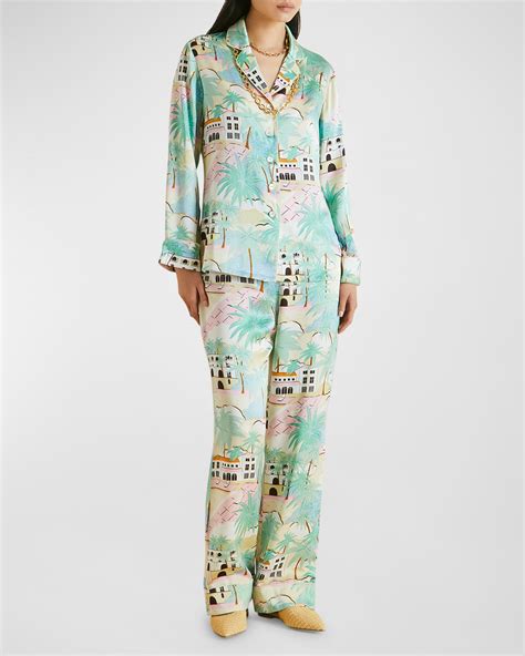 Olivia Von Halle Lila Bird Print Silk Pajama Set Neiman Marcus