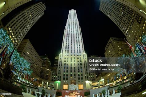 Rockfeller Center Skyscraper Illuminated At Night Stock Photo