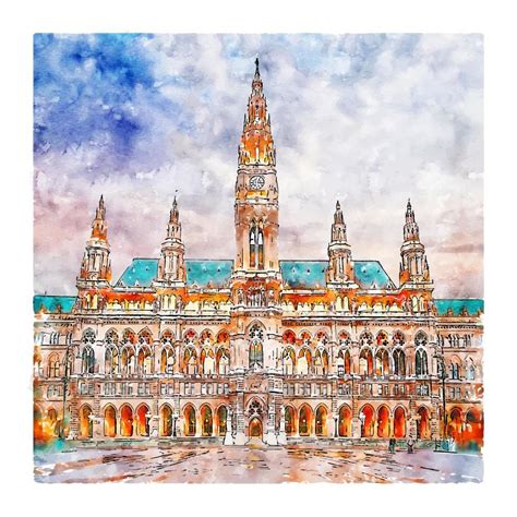 Architecture Vienna Austria Watercolor Sketch Hand Drawn Illustration