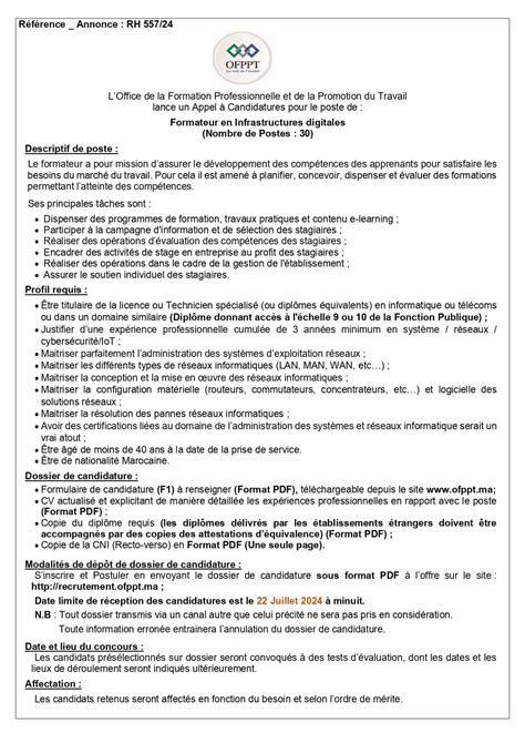 Concours Formateurs En Infrastructures Digitales Ofppt Postes