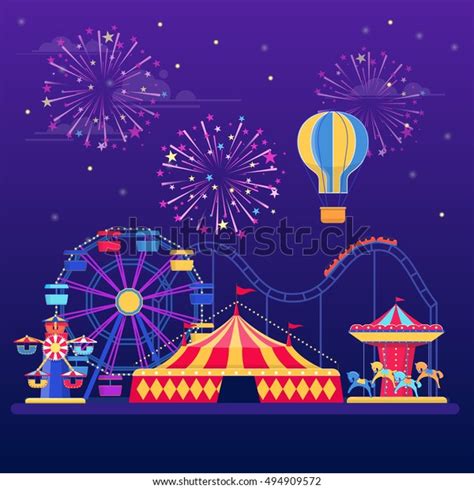 Amusement Park Night Fireworks Balloon Rides Stock Vector (Royalty Free) 494909572