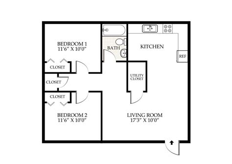 2 Bed 1 Bath Apartment Floor Plan - floorplans.click