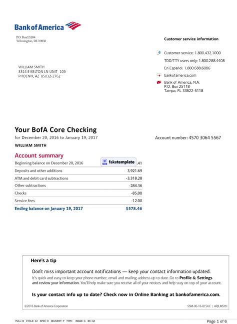 Fake Bank Of America Statement Template