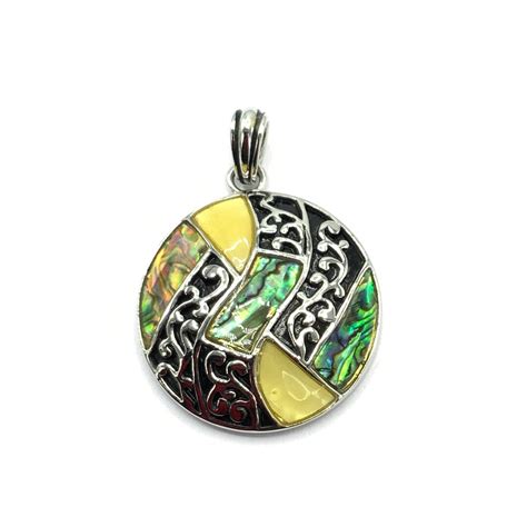 Gorgeous Collectible Round Abalone And Silver Tone Pendant By Lia