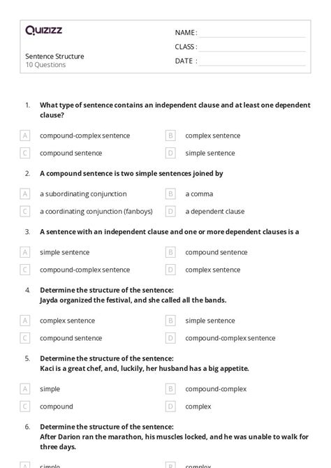 50 Sentence Structure Worksheets For 6th Grade On Quizizz Free And Printable