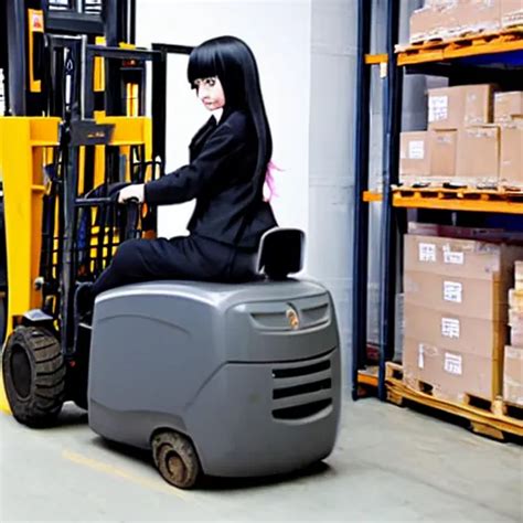 A Person Cosplaying Homura Akemi Operating A Forklift Stable