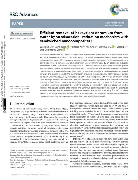 Pdf Efficient Removal Of Hexavalent Chromium From Water By An