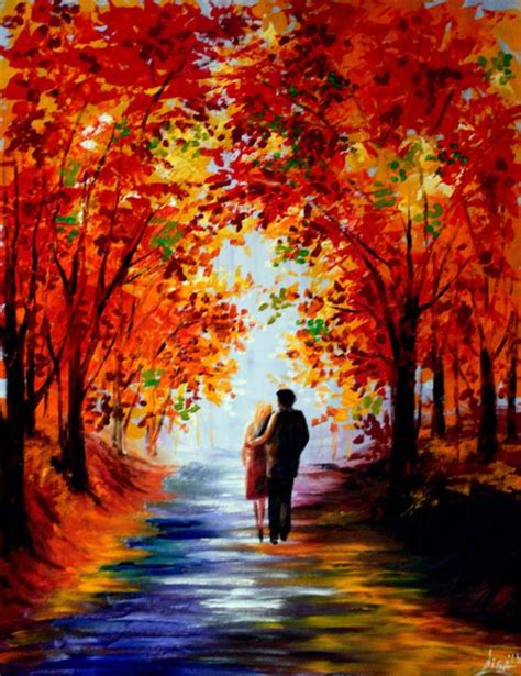 Original Painting 35 X 28 Autumn Walk Couple Walking Original