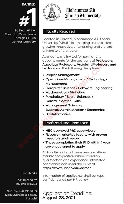 Teaching Faculty Jobs In Muhammad Ali Jinnah University Karachi 2021