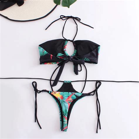 2023 New Design Extreme Sexy Print Bandeau Two Piece Bikini Beachwear Halter Side Tie Thong