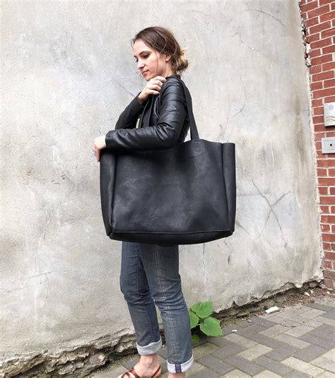 Extra Large Black Leather Tote Bag 24x 15 Oversized Work Etsy