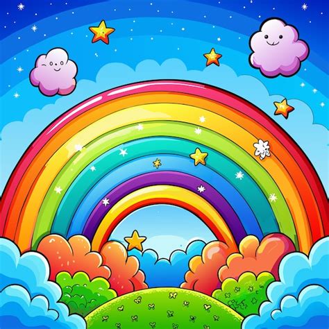 Premium Vector A Rainbow With Stars And Clouds On It