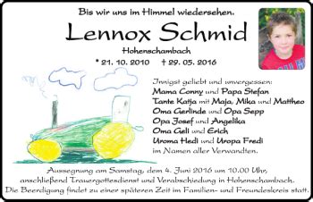 Traueranzeigen Von Lennox Schmid Mittelbayerische Trauer