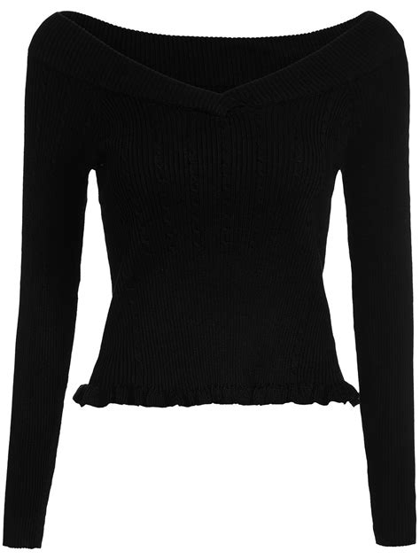 Black V Neck Slim Knit Crop Sweater Black V Neck Sweater Black Long