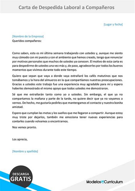 Ejemplo Carta De Despedida A Compañeros De Trabajo