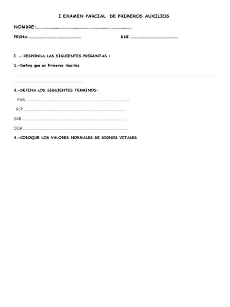 Primer Examen Parcial De Primeros Auxilios Preguntas Y Respuestas