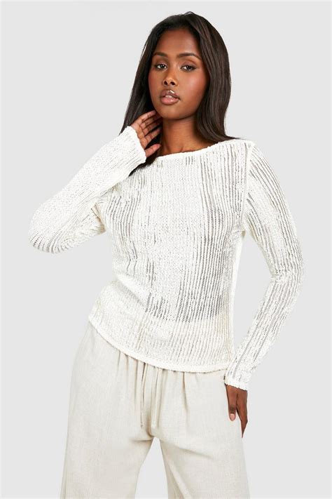 Textured Sheer Cowl Back Long Sleeve Top Boohoo Uk