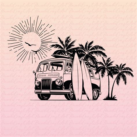 Surfing Van Svg Vintage Summer Vehicle Clipart Palm Beach Cut File Surf ...