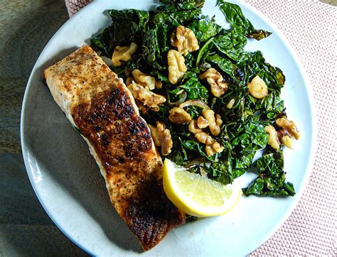 Salmon With Crispy Kale And Spiced Walnuts Allene Arnold FNTP