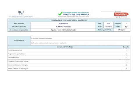 PDF TEMARIO DE LA PRUEBA ESCRITA DE SALIDA PES Matemática