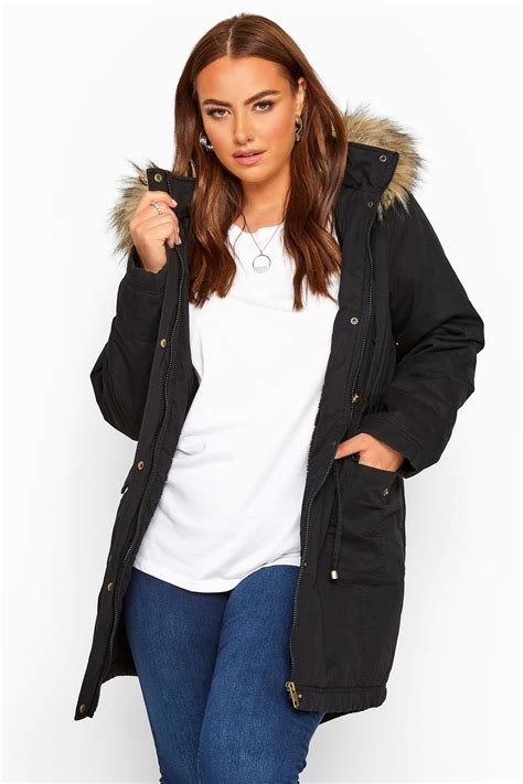 Black Fleece Lined Faux Fur Trim Parka Jacket Yours Clothing